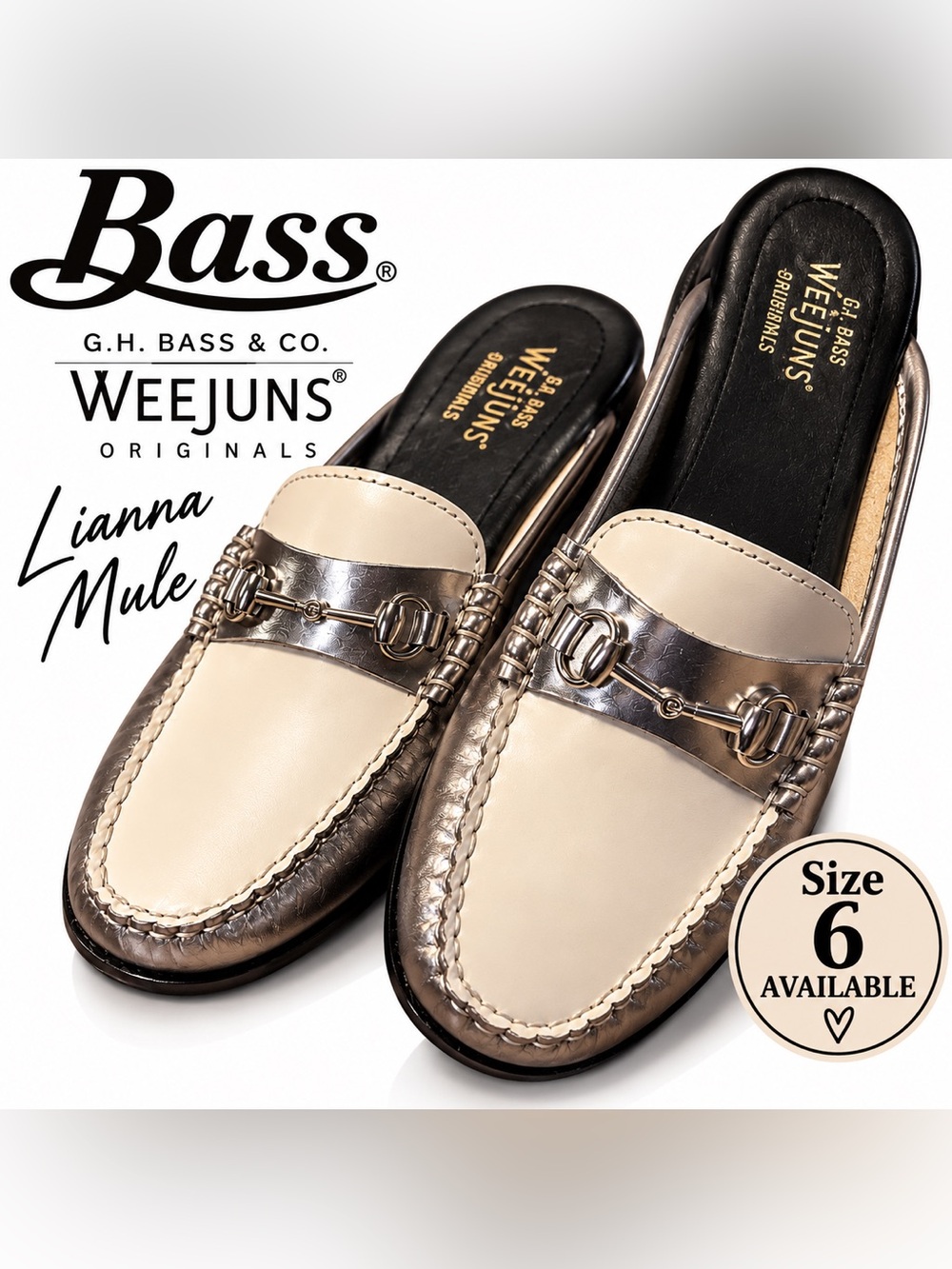 G.H. Bass & Co. Women's Cream and Silver Loafers Sz6